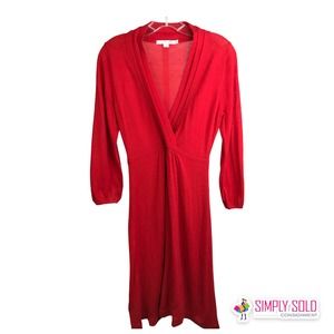 Boden Women's A-Line Midi‎ Dress Wool Wrap Bell Sleeve Pleated V-Neck Red Sz 4R